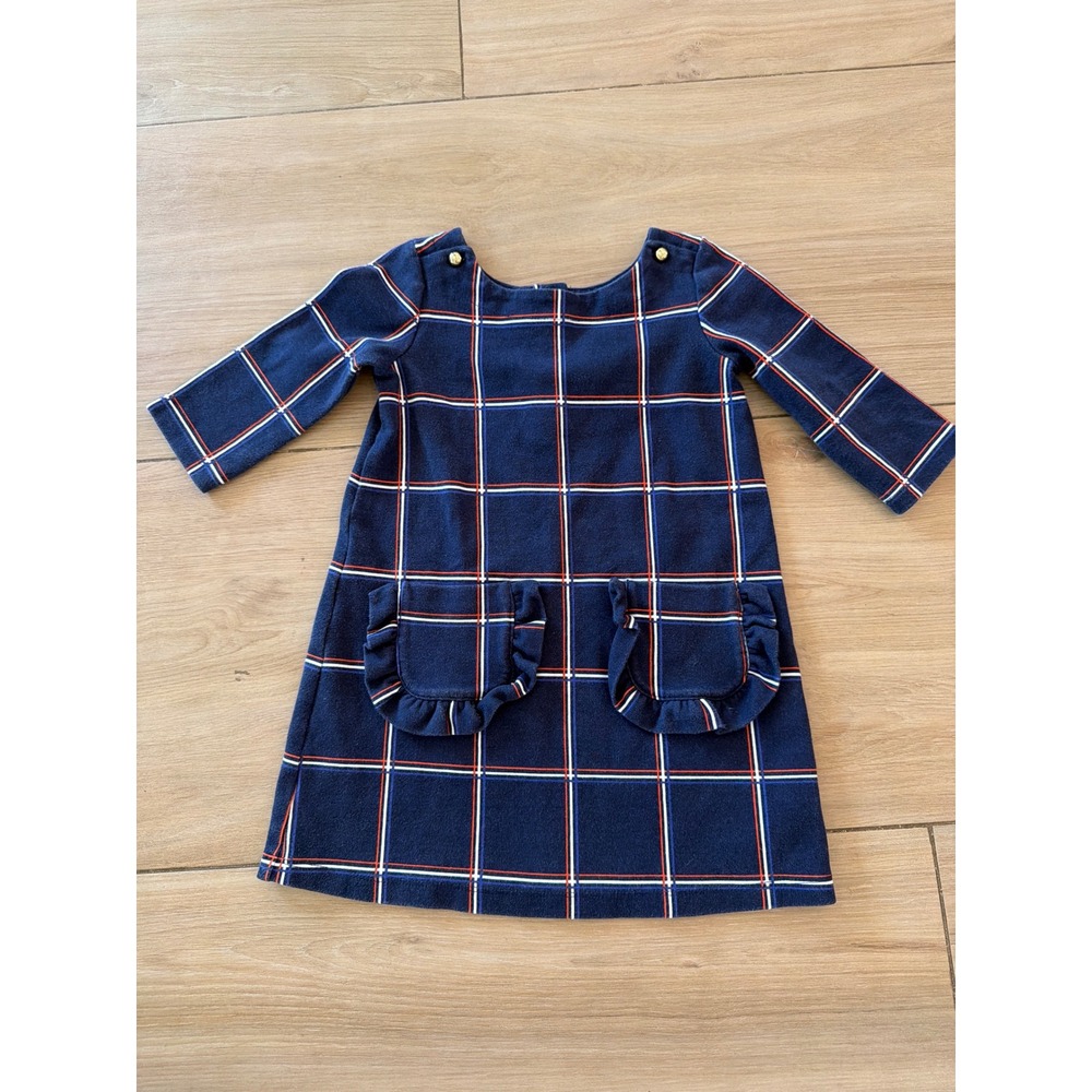 Janie and Jack Girls Navy Blue‎ Plaid Ruffle Pocket Shift Dress Size 3